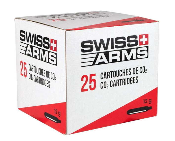 Kasse med 25 stk Swiss Arms co2 patroner til softgunvåben